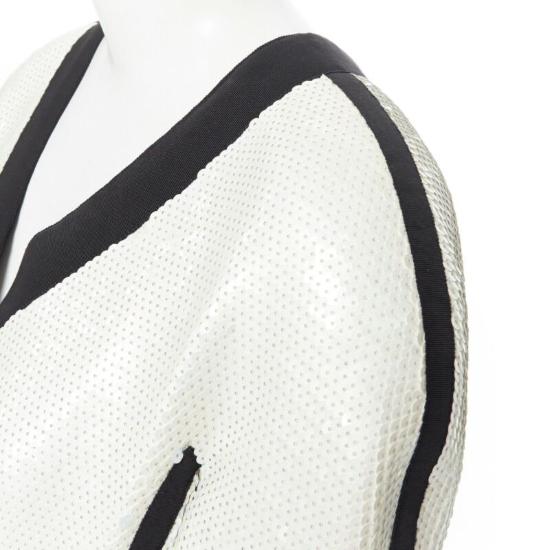 runway CHANEL SS91 white sequin black grosgrain trim scuba zipper jacket FR44