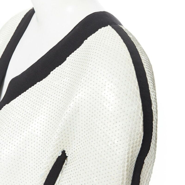 runway CHANEL SS91 white sequin black grosgrain trim scuba zipper jacket FR44
