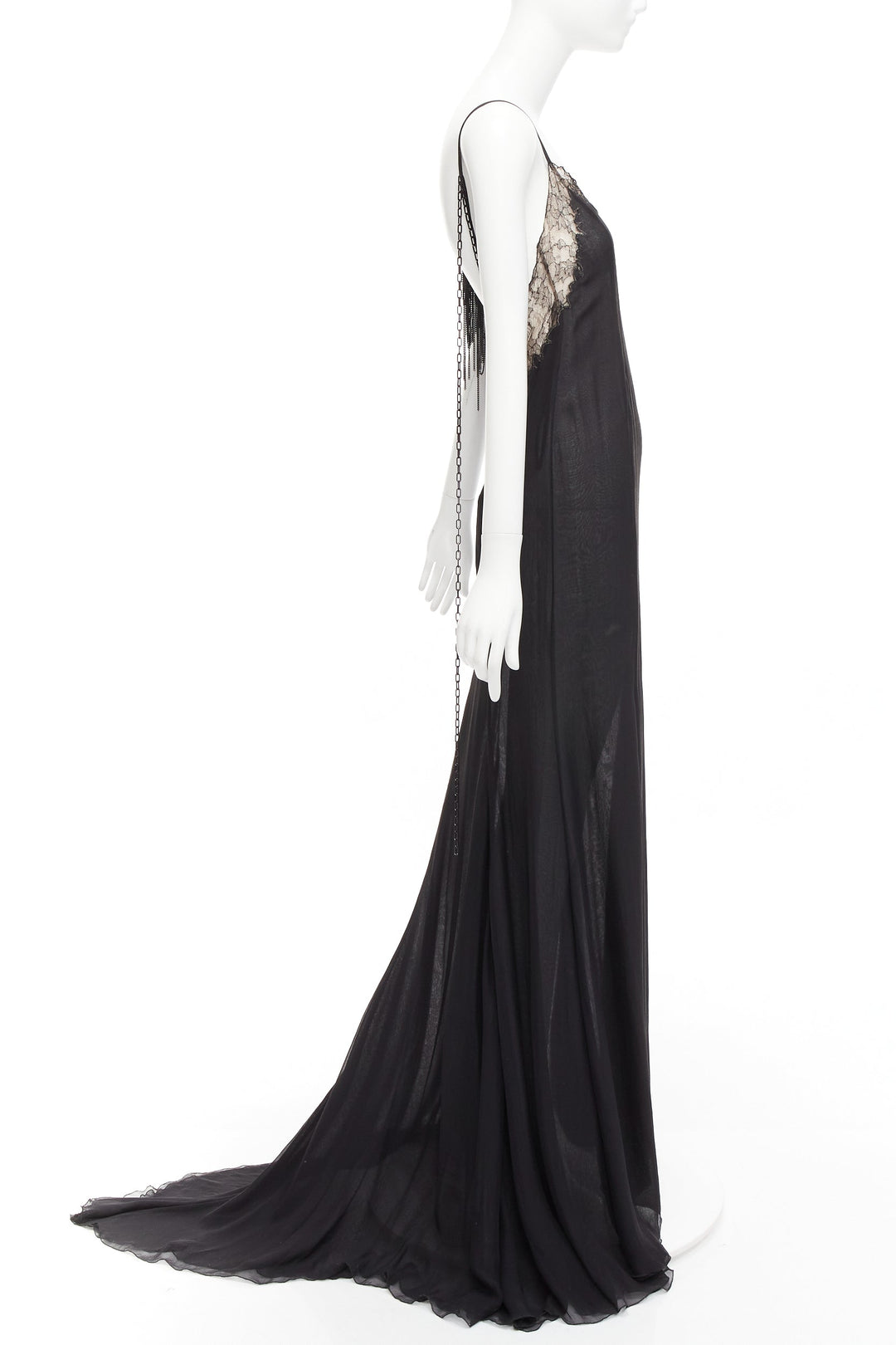 GIANNI VERSACE Vintage black punk chain detail lace trim sheer long gown IT38 XS