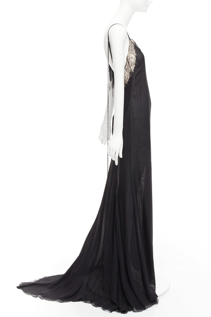 GIANNI VERSACE Vintage black punk chain detail lace trim sheer long gown IT38 XS