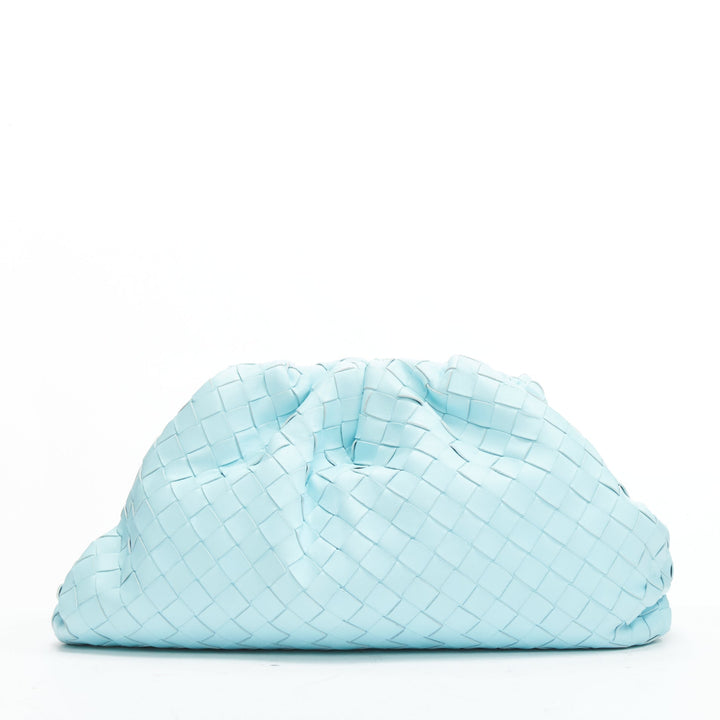 BOTTEGA VENETA The Pouch sky blue Intercciato woven leather magnetic clutch bag