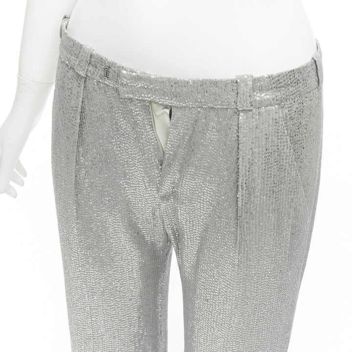 ALEXIS MABILLE 100% silk silver sequinned straight leg trouser pants FR36 S