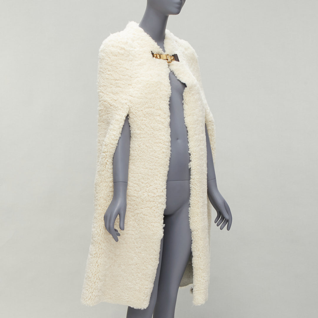 rare OLD CELINE Phoebe Philo 2010 Runway gold buckle cream shearling cape FR36
