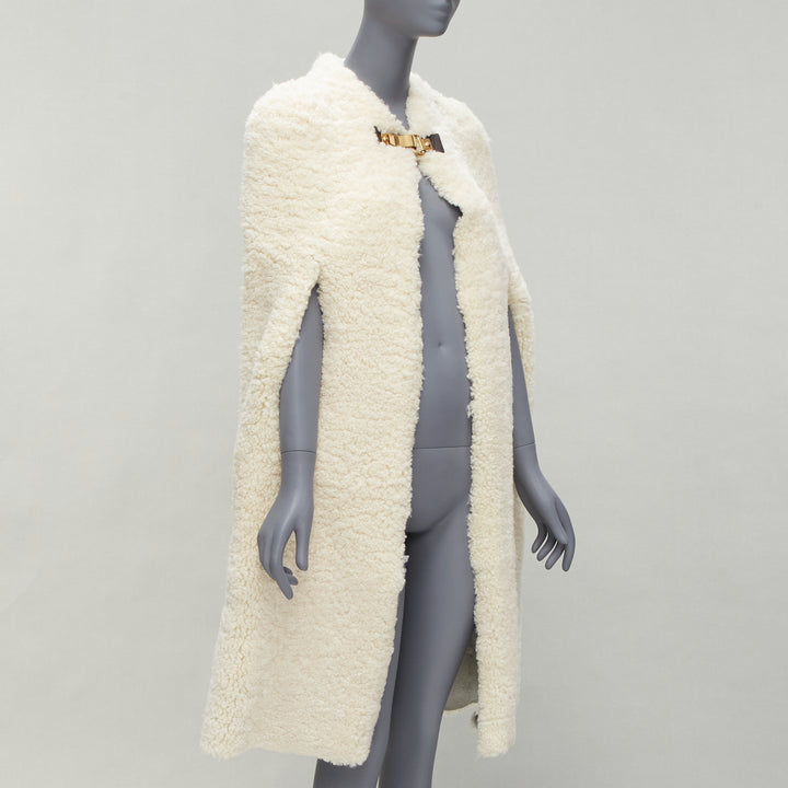 rare OLD CELINE Phoebe Philo 2010 Runway gold buckle cream shearling cape FR36