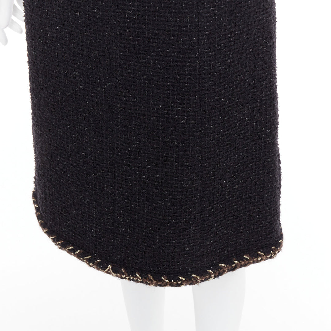 CHANEL 18K black cotton tweed brown gold braided trim tweed skirt FR34 XS