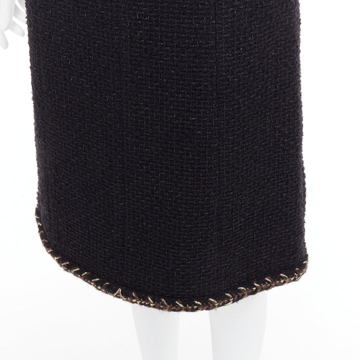 CHANEL 18K black cotton tweed brown gold braided trim tweed skirt FR34 XS