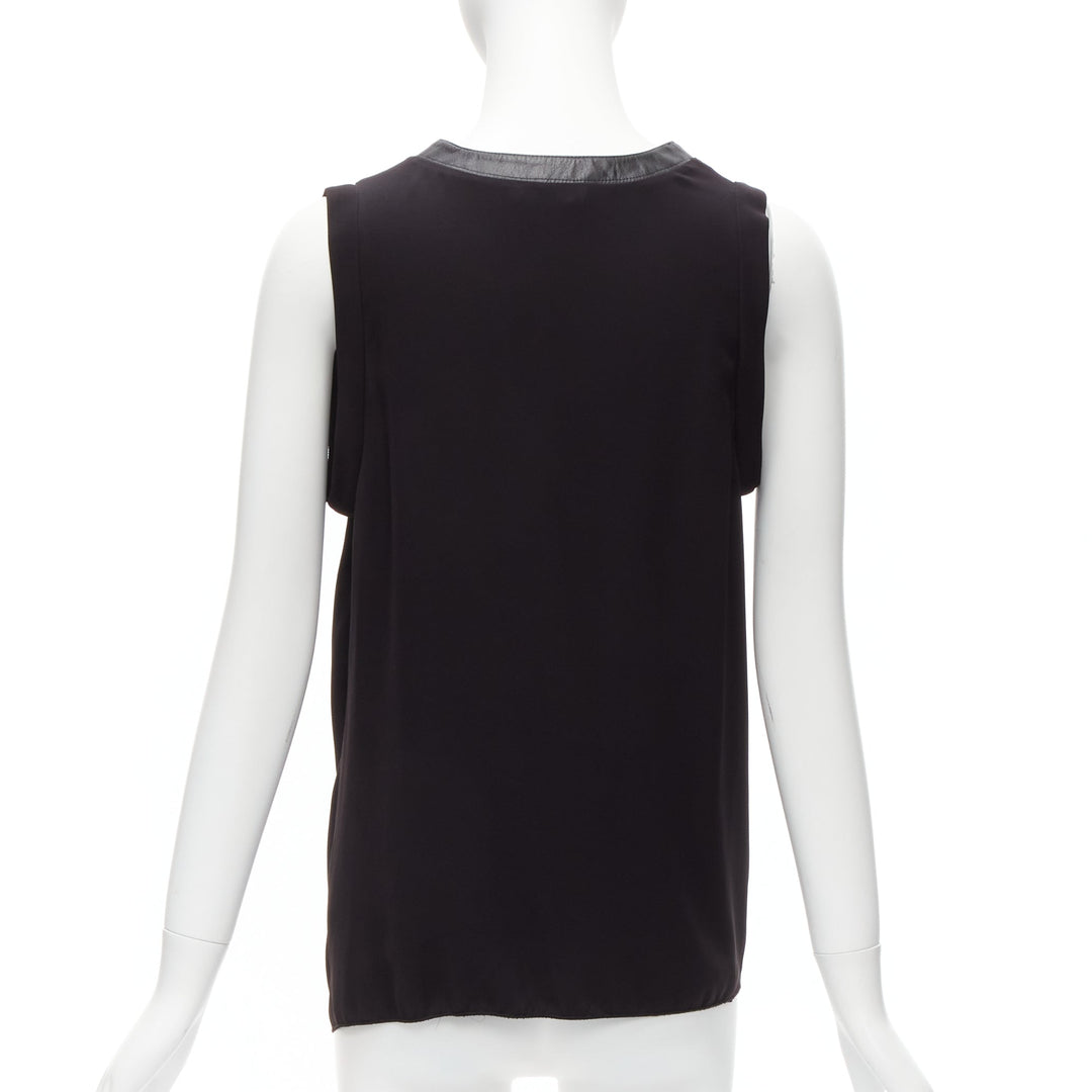DION LEE black leather trim round collar silky drape sleeveless tank top AUS6 XS