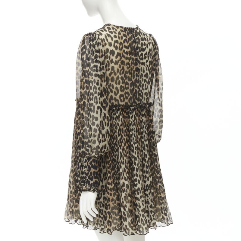 GANNI brown leopard spot print pleated flared babydoll dress FR36 S