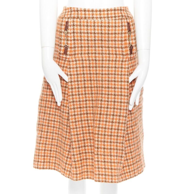 vintage CELINE 1980 orange check wool pleat skirt leather horsebit cuff FR44 XXL