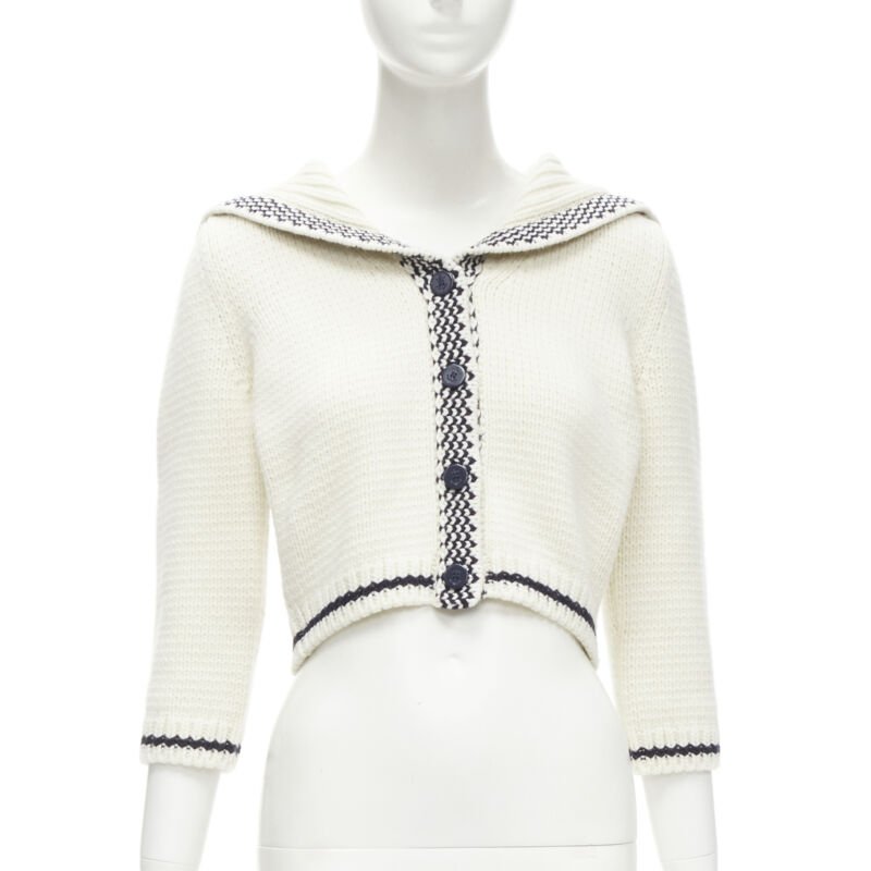 CHRISTIAN DIOR 2021 Mariniere wool cashmere beige sailor collar cardigan FR34 XS
