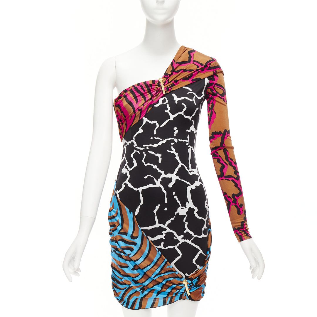 VERSACE Runway mixed giraffe print gold logo clip body con wiggle dress IT36 XXS