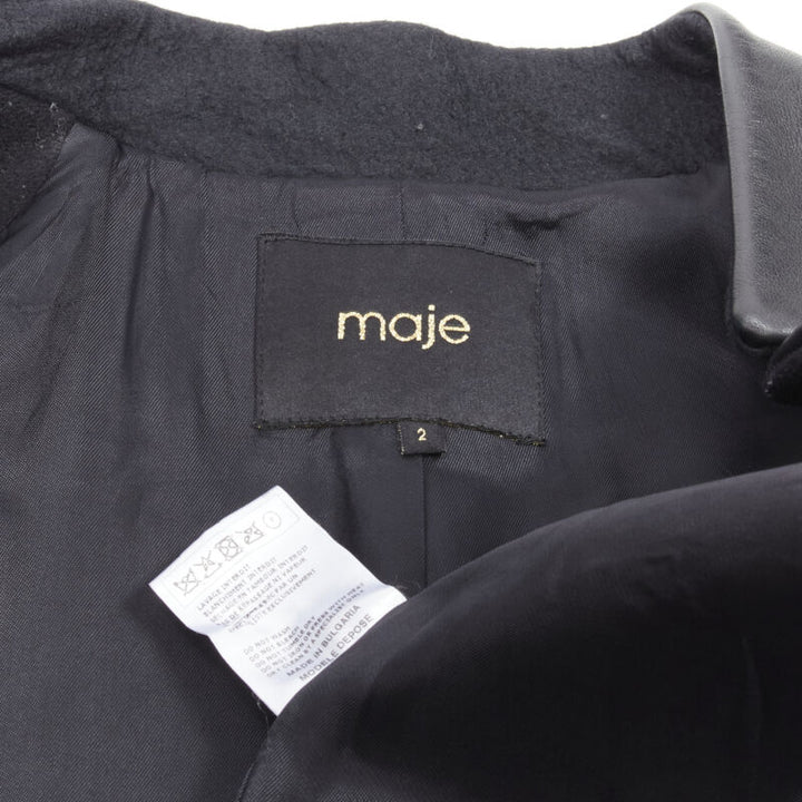 MAJE Sirop black calfskin leather trim wool collarless coat US2 S