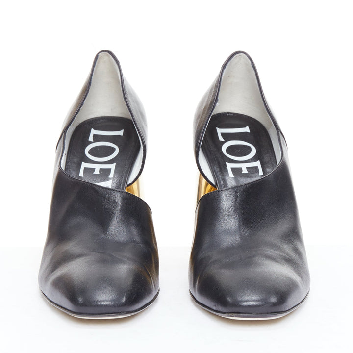 LOEWE gold curved heel black leather slip on heeled shoes EU39