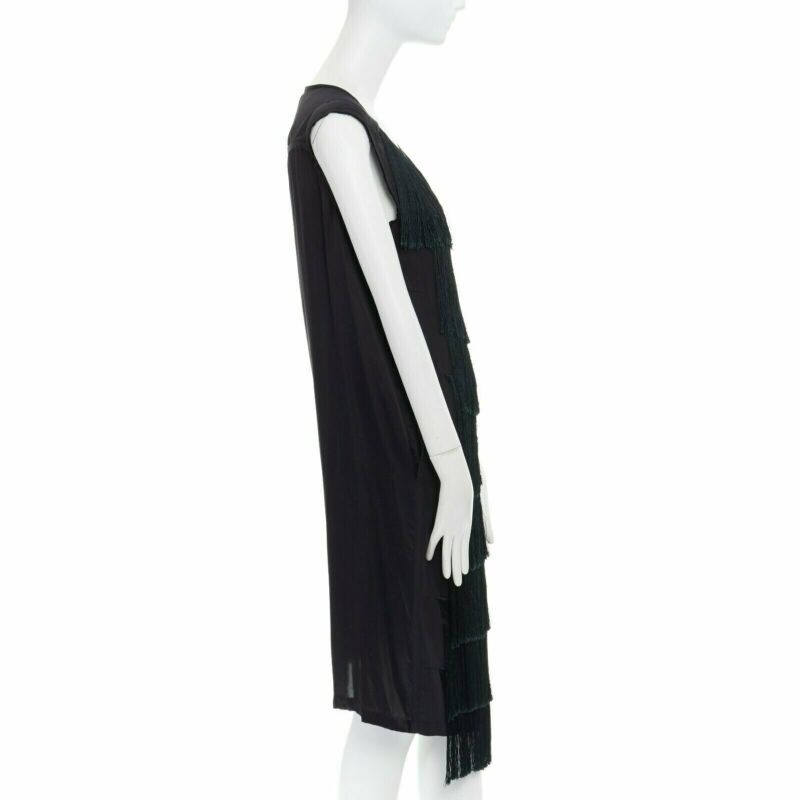 runway DRIES VAN NOTEN 2013 black fringe trim silk flapper dress FR38 US6 S
