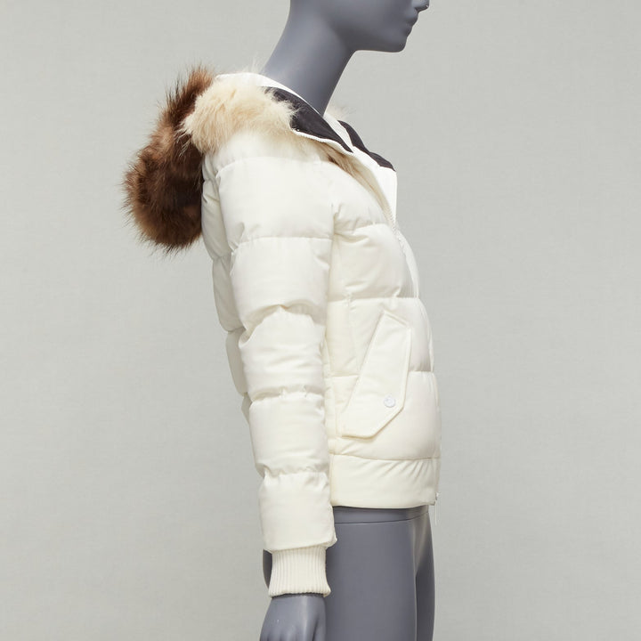 ROSSIGNOL ivory fur trim hood logo hooded down puffer jacket IT38 XS