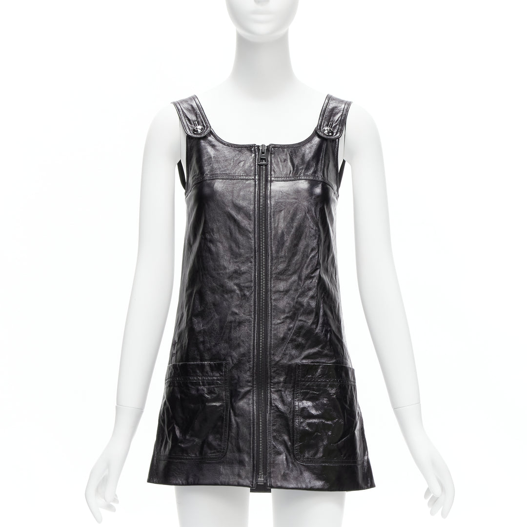 CHRISTIAN DIOR 2022 black crinkled lambskin leather CD logo dungare dress FR36 S