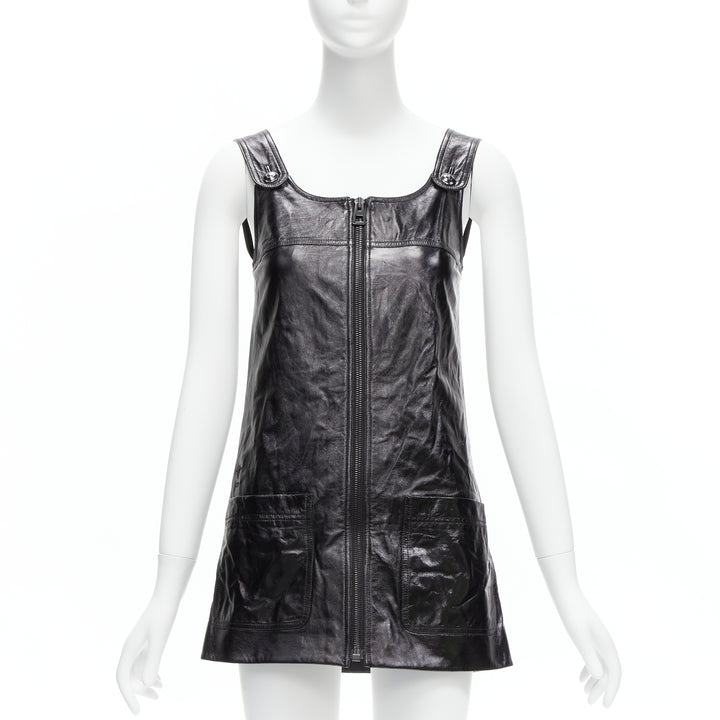 CHRISTIAN DIOR 2022 black crinkled lambskin leather CD logo dungare dress FR36 S