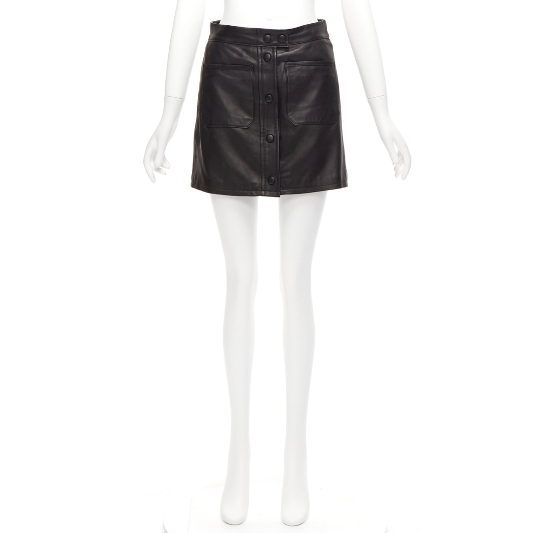 FRAME black lambskin leather snap button patch pocket mini skirt 25"
