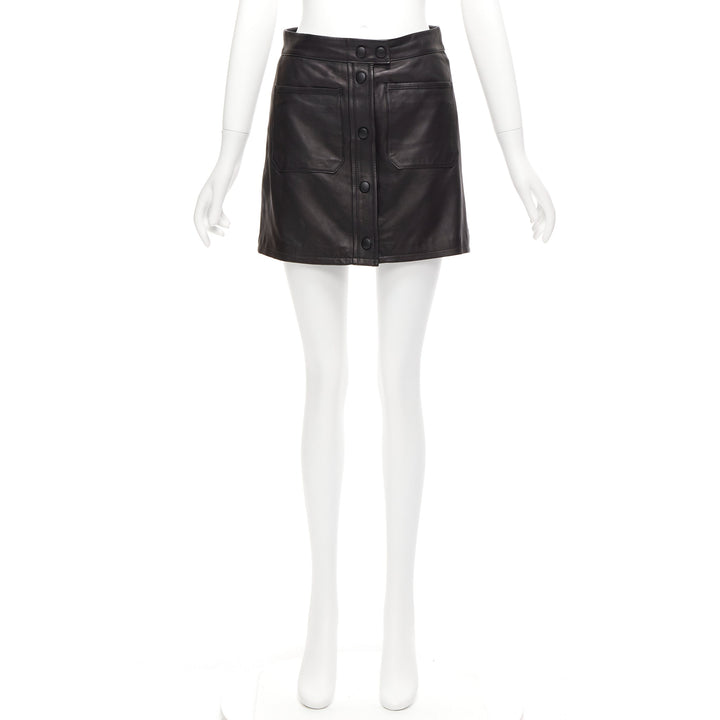 FRAME black lambskin leather snap button patch pocket mini skirt 25"