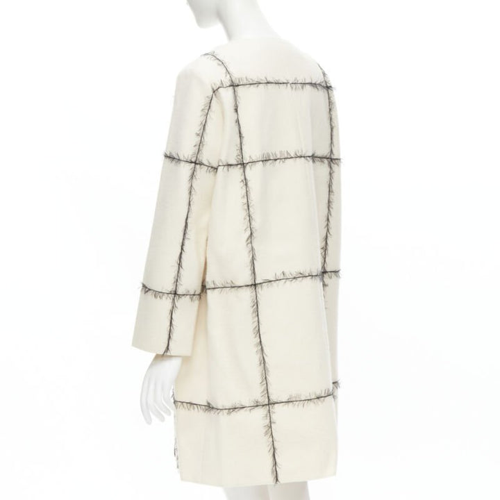 VERONIQUE LEROY cream wool frayed check toggle button double breasted coat FR36