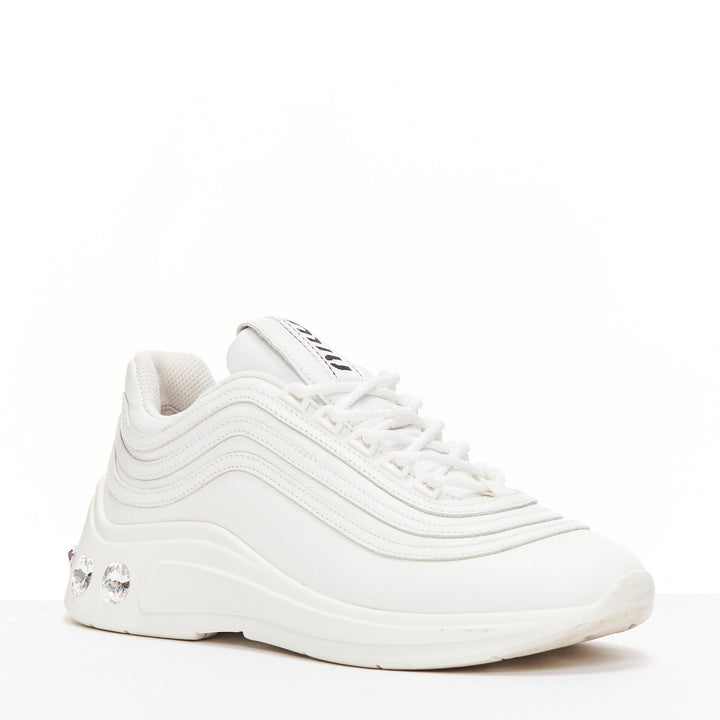 MIU MIU white leather logo tongue clear big crystal heels chunky sneakers EU38