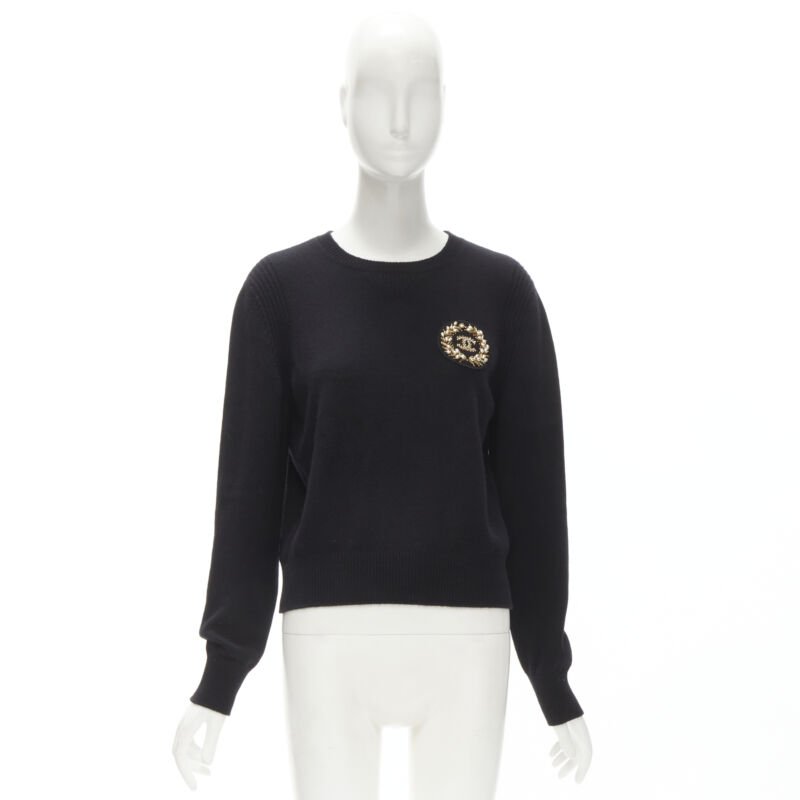 CHANEL black cashmere blend gold bead pearl CC embellished badge sweater FR42  L