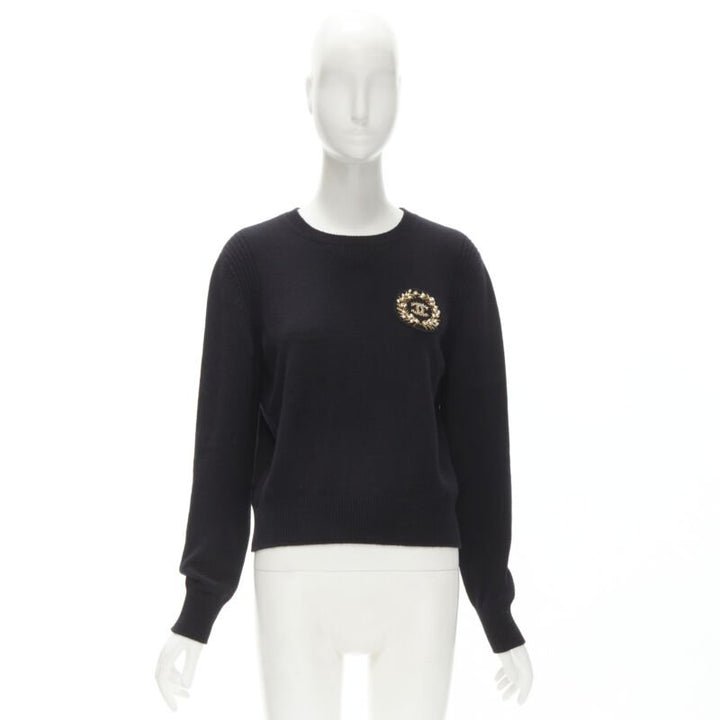 CHANEL black cashmere blend gold bead pearl CC embellished badge sweater FR42  L
