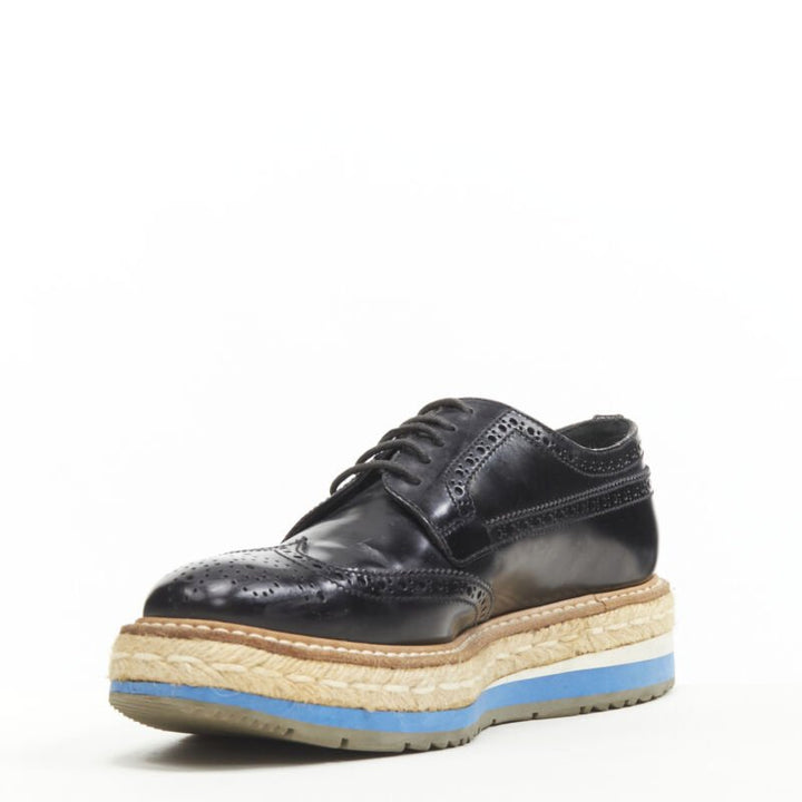 PRADA black perforated leather jute espadrille platform brogue EU36.5