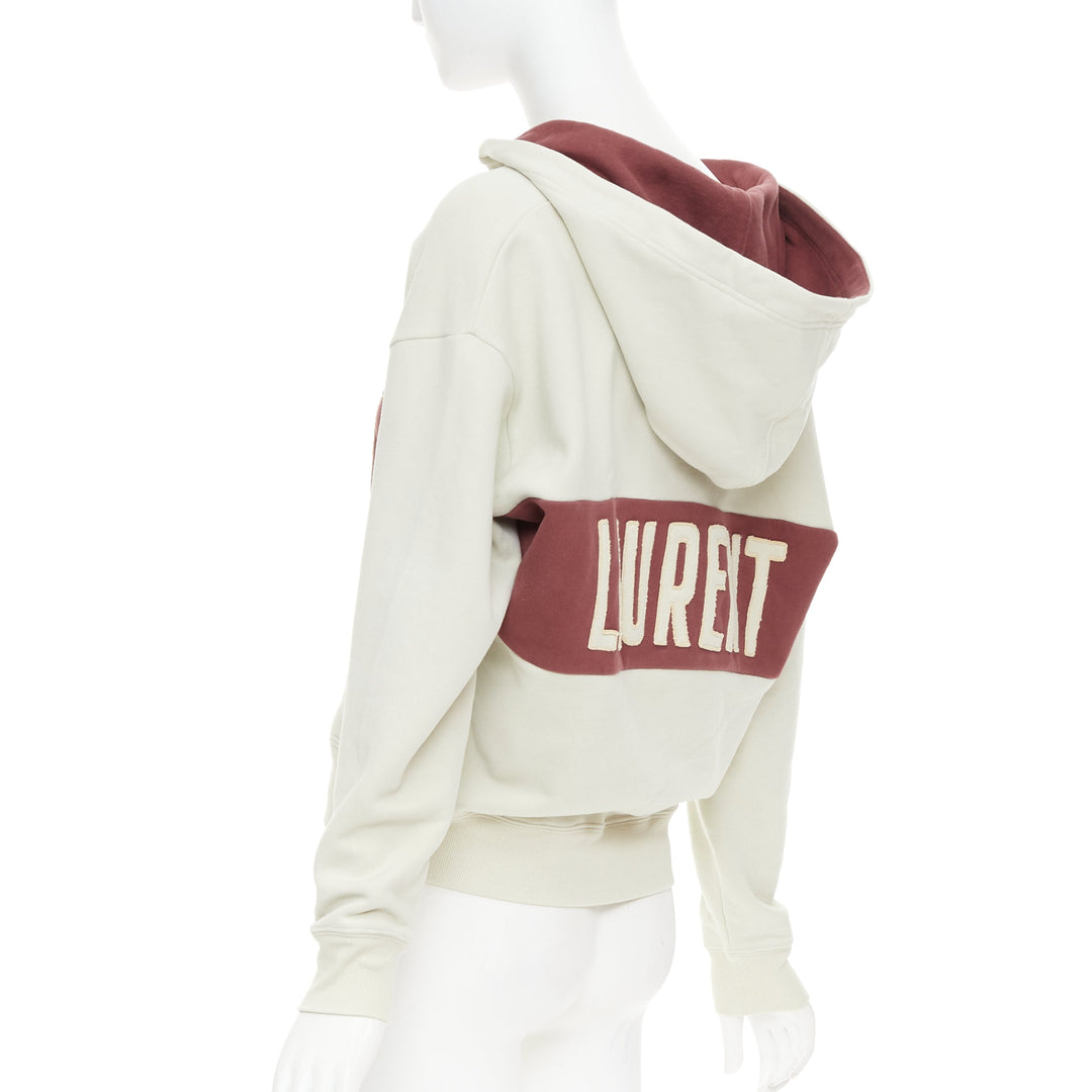 SAINT LAURENT 2022 taupe red logo applique drawstring crop hoodie XS