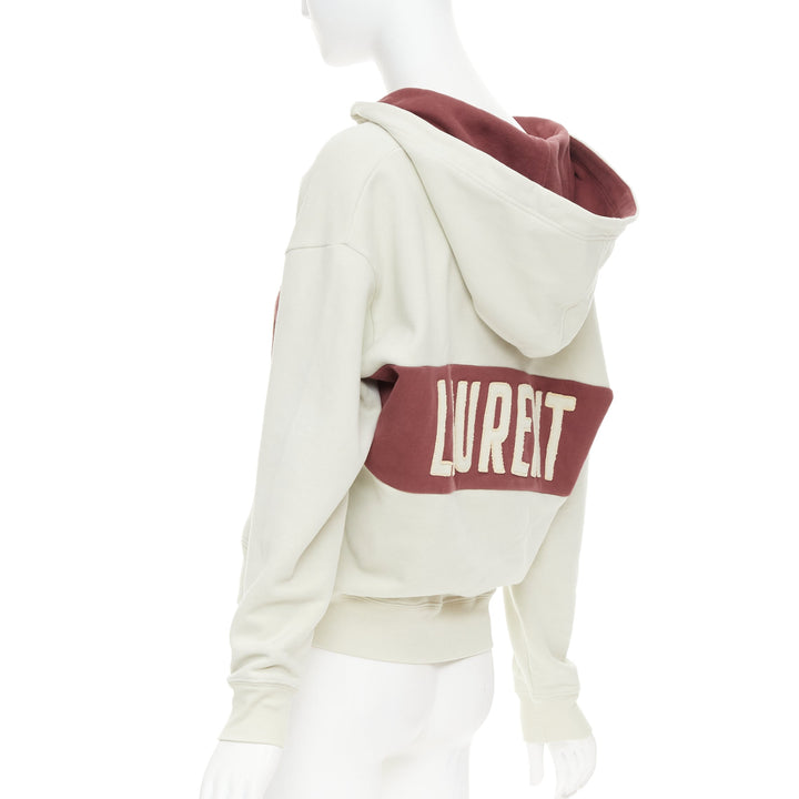 SAINT LAURENT 2022 taupe red logo applique drawstring crop hoodie XS