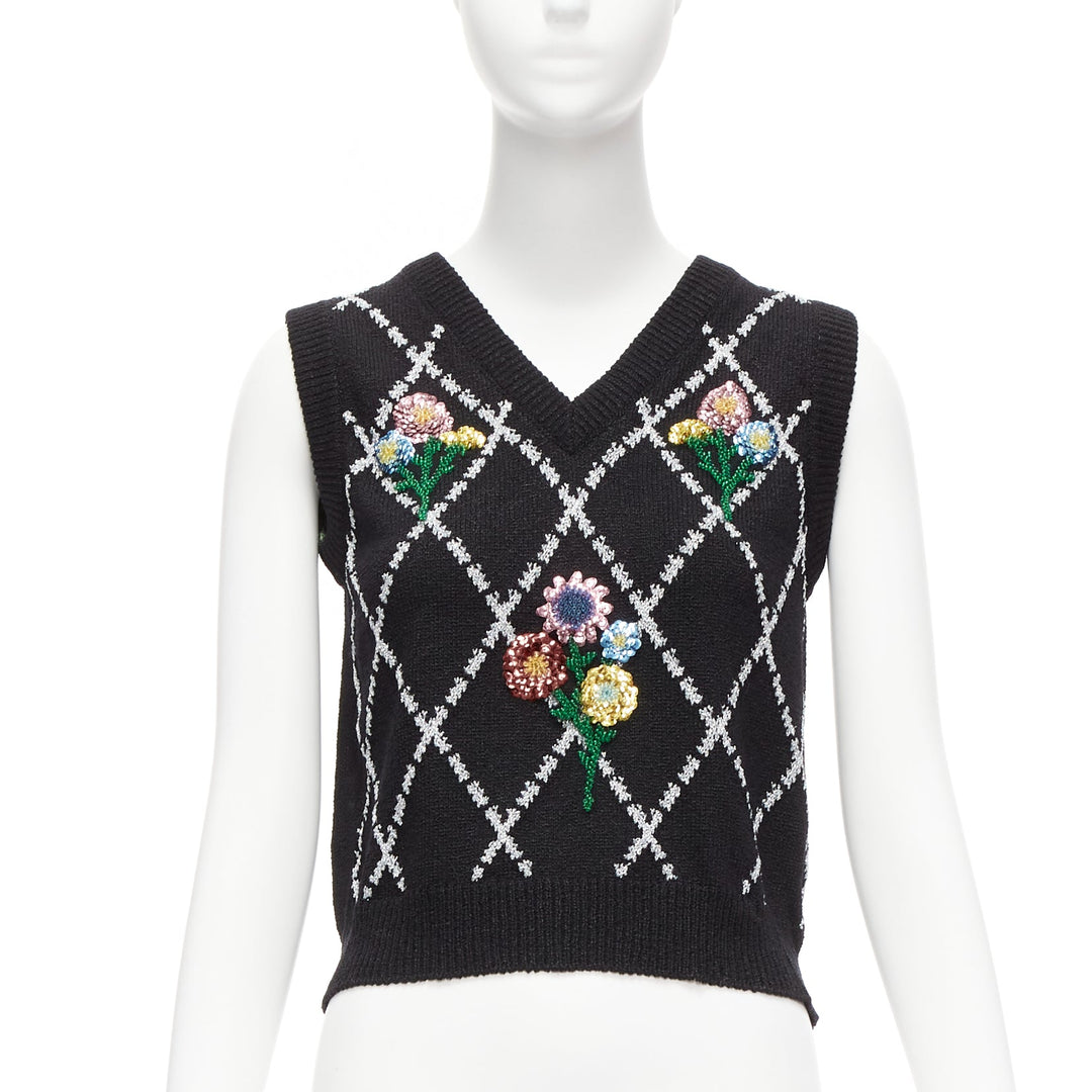 GUCCI black silver diamong argyle floral embellished sweater vest S