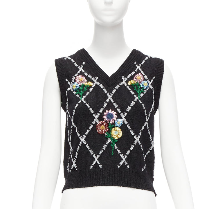 GUCCI black silver diamong argyle floral embellished sweater vest S
