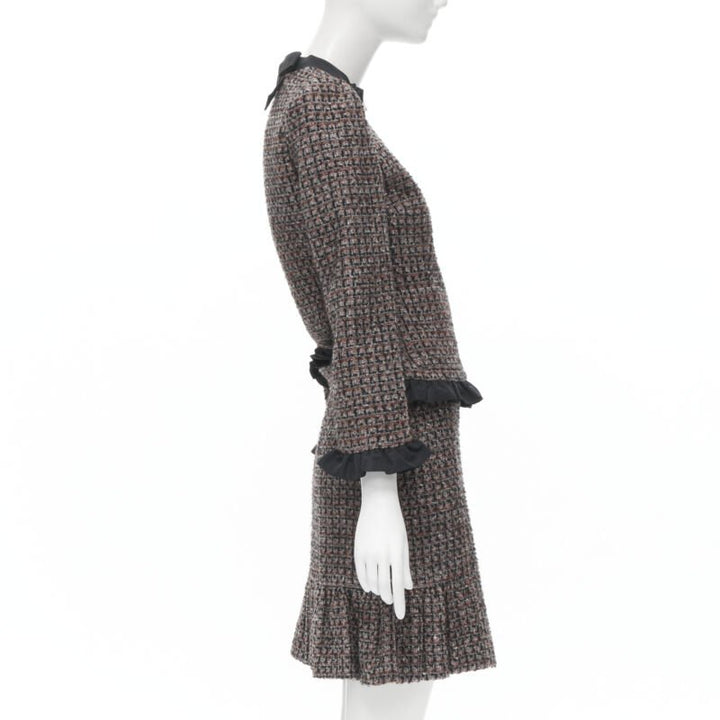 RED VALENTINO red grey wool tweed black ruffle trim jacket skirt set