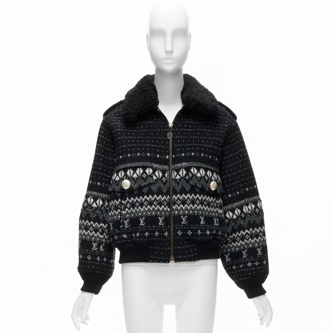 LOUIS VUITTON black LV logo intarsia argyle wool boxy aviator jacket FR34 XS