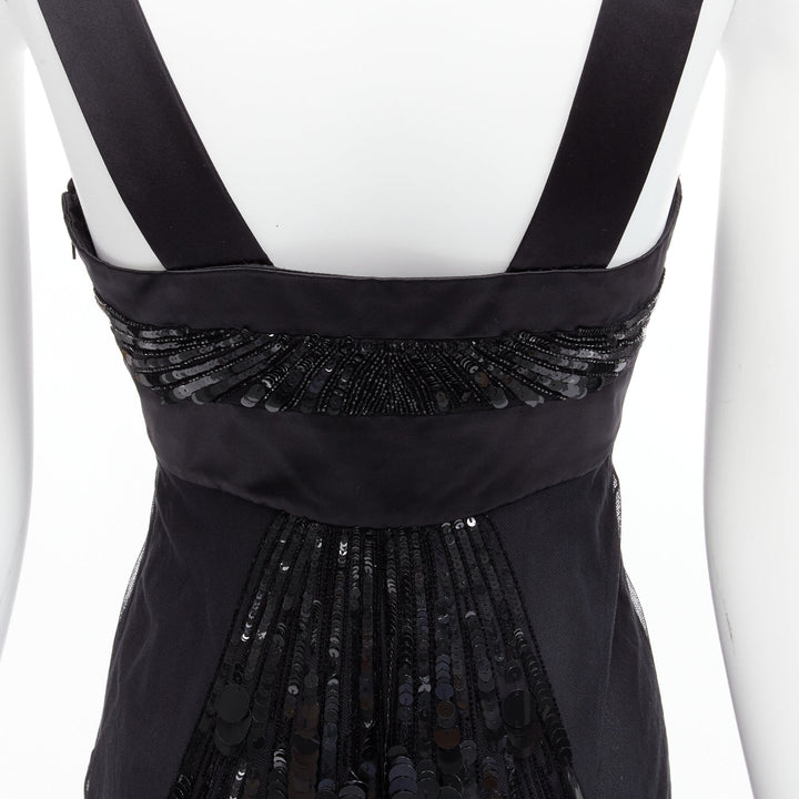 rare VERSACE 2008 black sequins bead embellishment ruffle strap dress IT38 XS