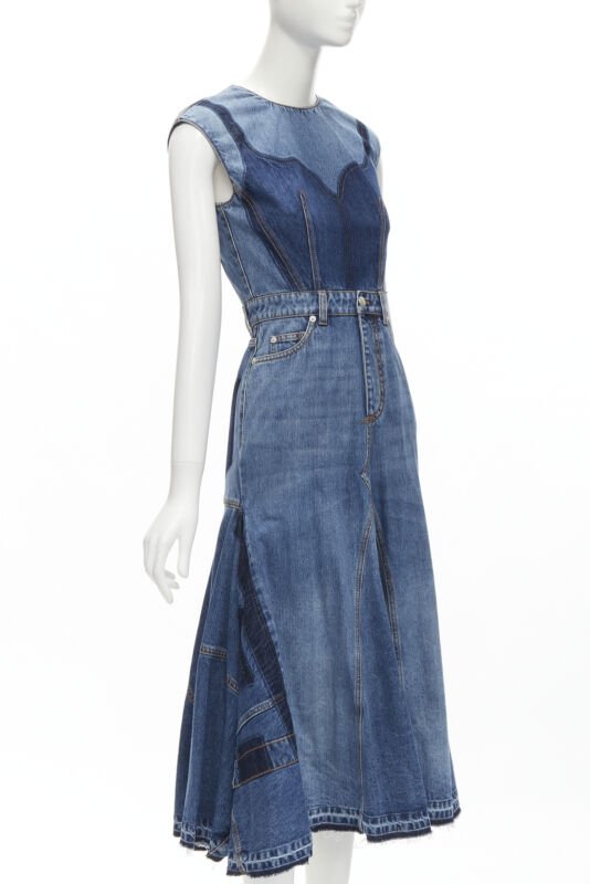 ALEXANDER MCQUEEN 2021 Runway washed denim shadow bodice midi dress IT38 XS