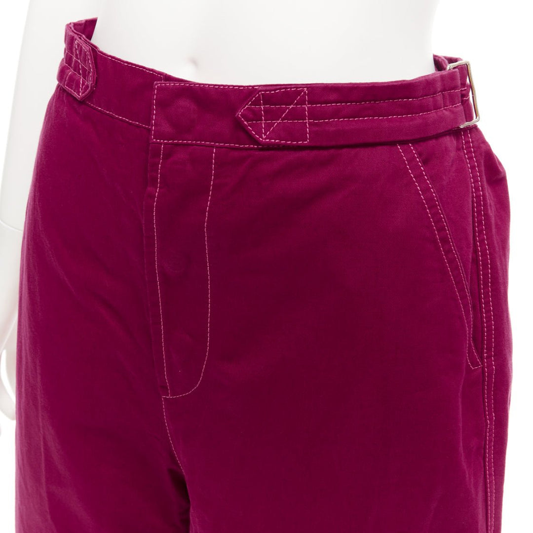 MARNI burgundy cotton linen topstitch belt waist wide leg pants IT38 XS