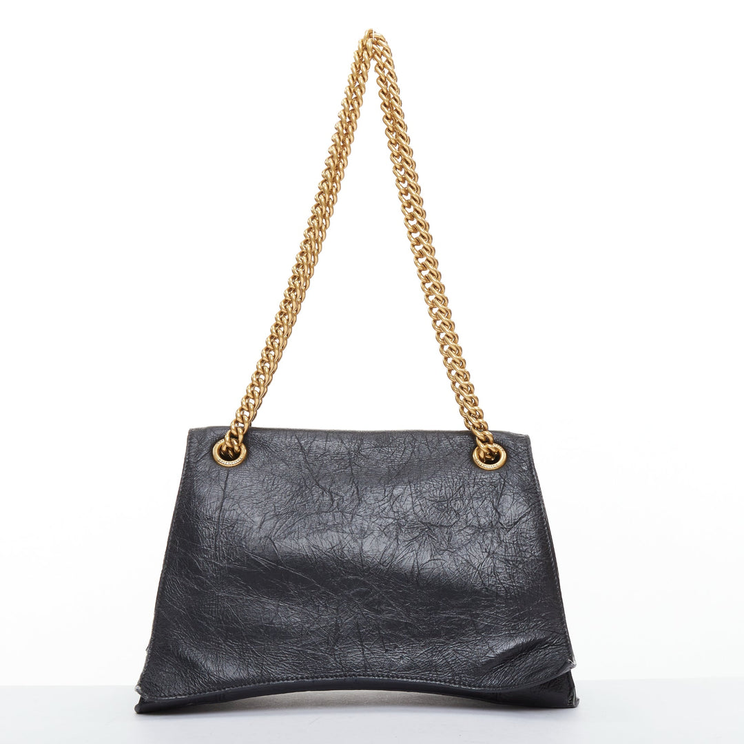 BALENCIAGA Crush Medum  black textured leather gold B chain flap shoulder bag