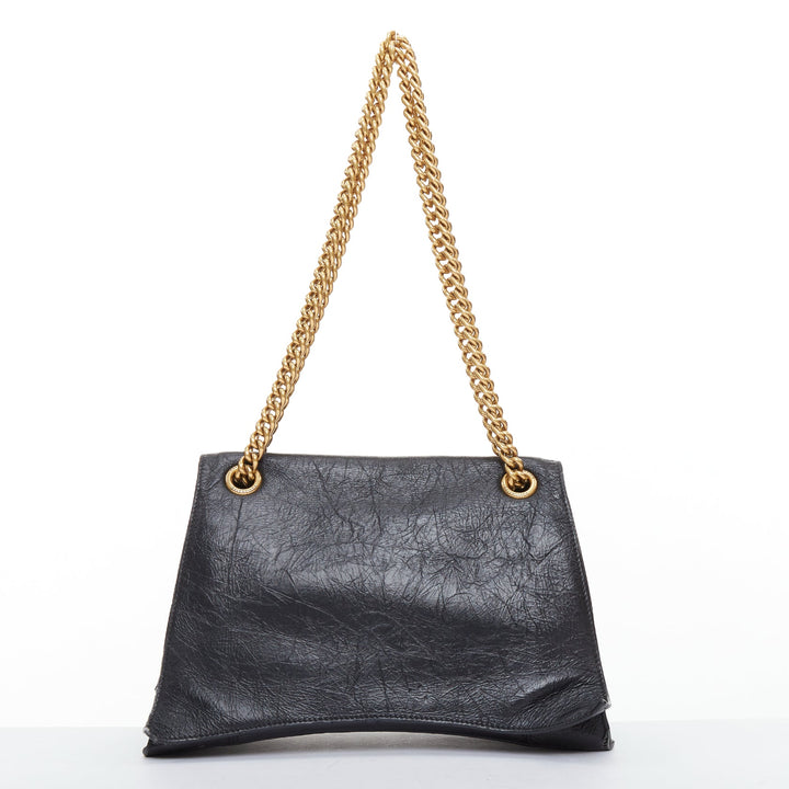 BALENCIAGA Crush Medum  black textured leather gold B chain flap shoulder bag