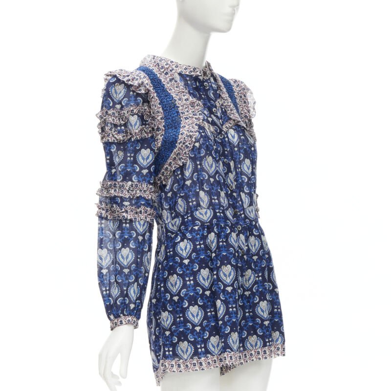 SEA NEW YORK blue floral print ruffle trim long sleeve romper playsuit US0 XS