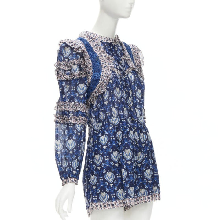 SEA NEW YORK blue floral print ruffle trim long sleeve romper playsuit US0 XS