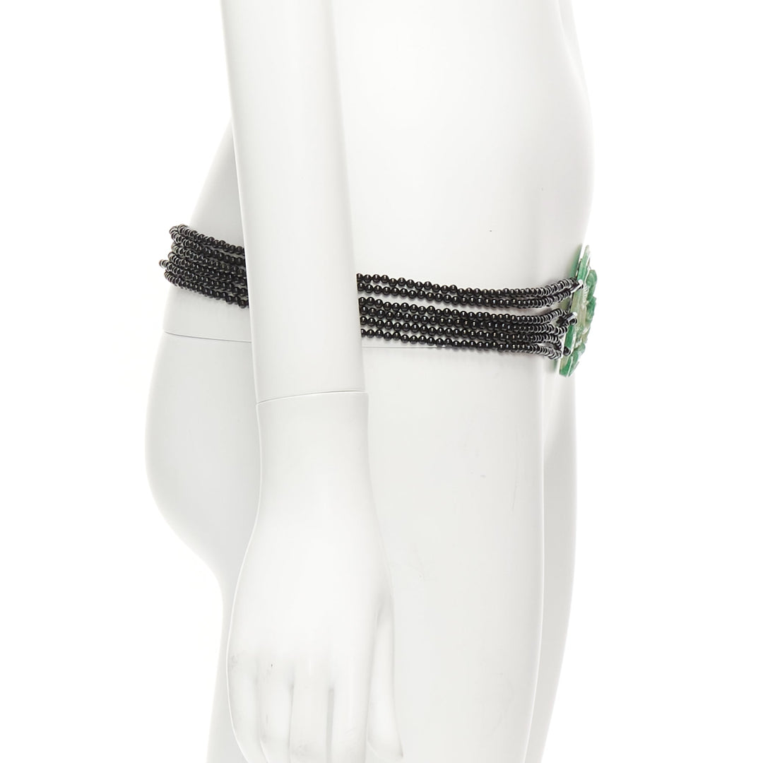 JENNIFER POLLOCK green oriental chinese stamp jade black beads chain belt
