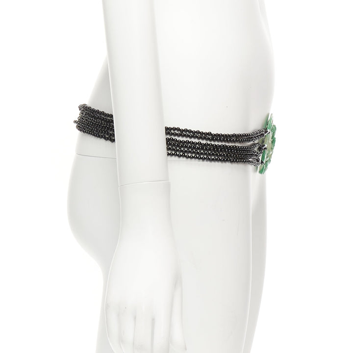 JENNIFER POLLOCK green oriental chinese stamp jade black beads chain belt