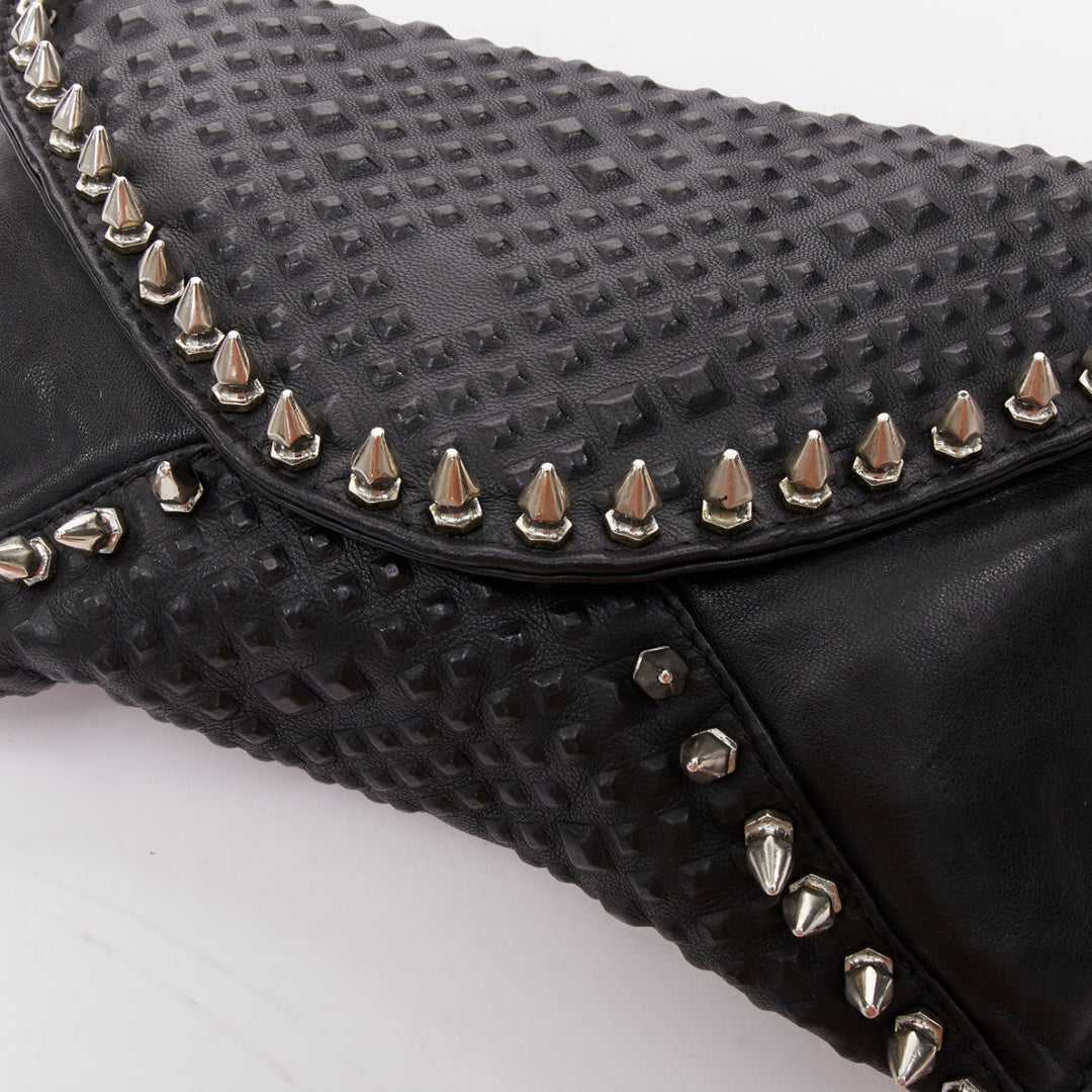MAISON DU POSH black tonal stud silver spike leather studded envelop clutch bag