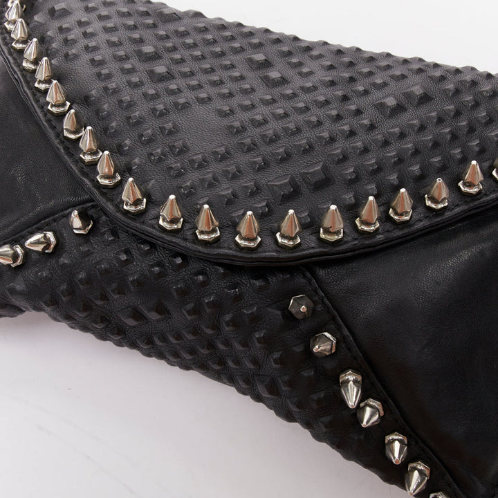 MAISON DU POSH black tonal stud silver spike leather studded envelop clutch bag