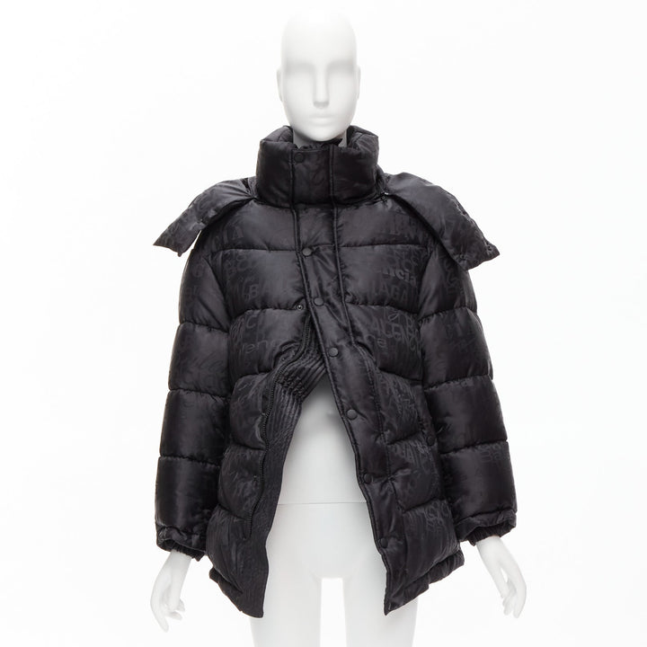 BALENCIAGA 2019 black logo jacquard Swing hooded quilted puffer coat FR36 S