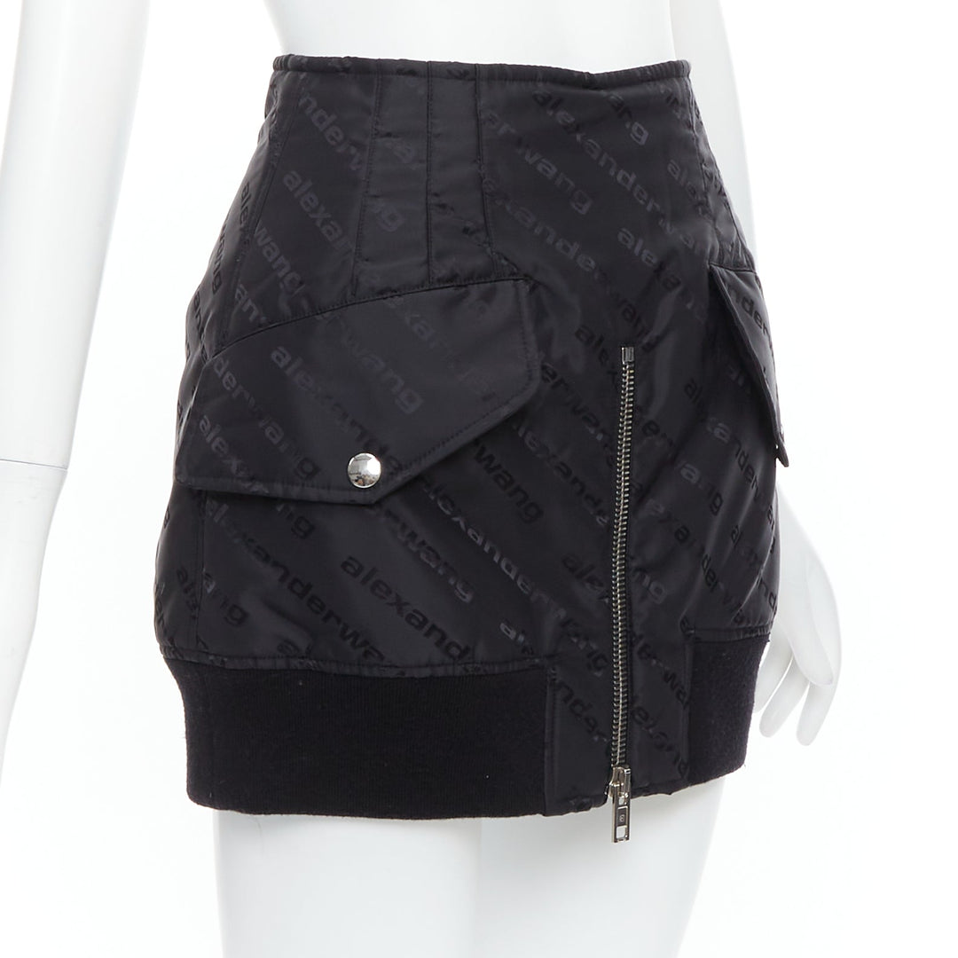 ALEXANDER WANG black logo print deconstructed bomber nylon mini skirt US0 XS