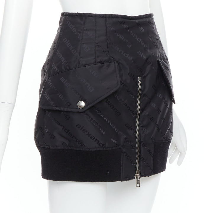 ALEXANDER WANG black logo print deconstructed bomber nylon mini skirt US0 XS