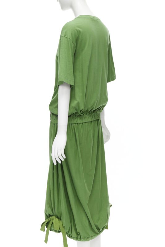 MARNI green cotton waist grosgrain bow drawstring hem t-shirt dress IT38 XS