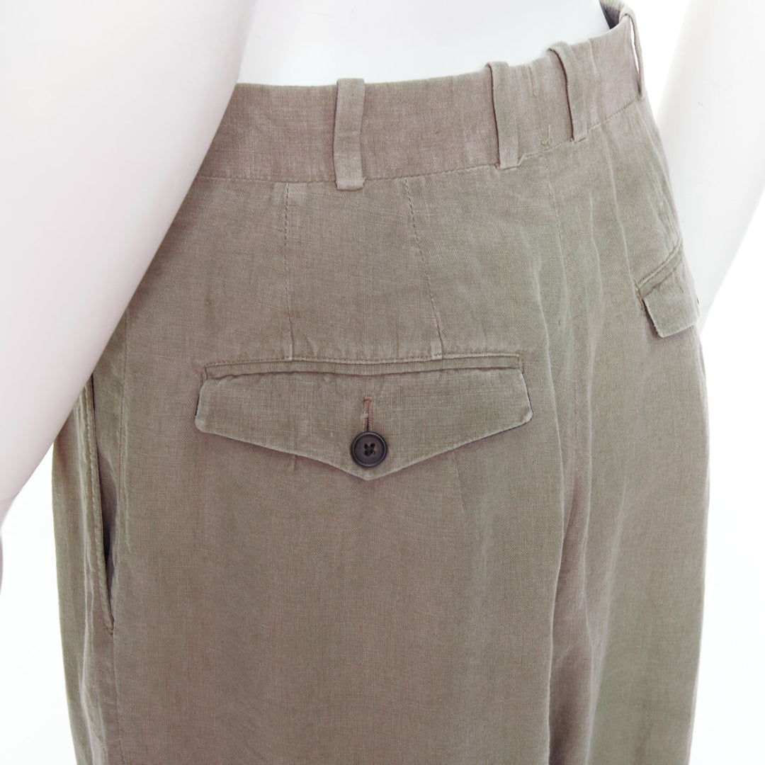 YOHJI YAMAMOTO khaki green linen pleated front tapered wide pants S